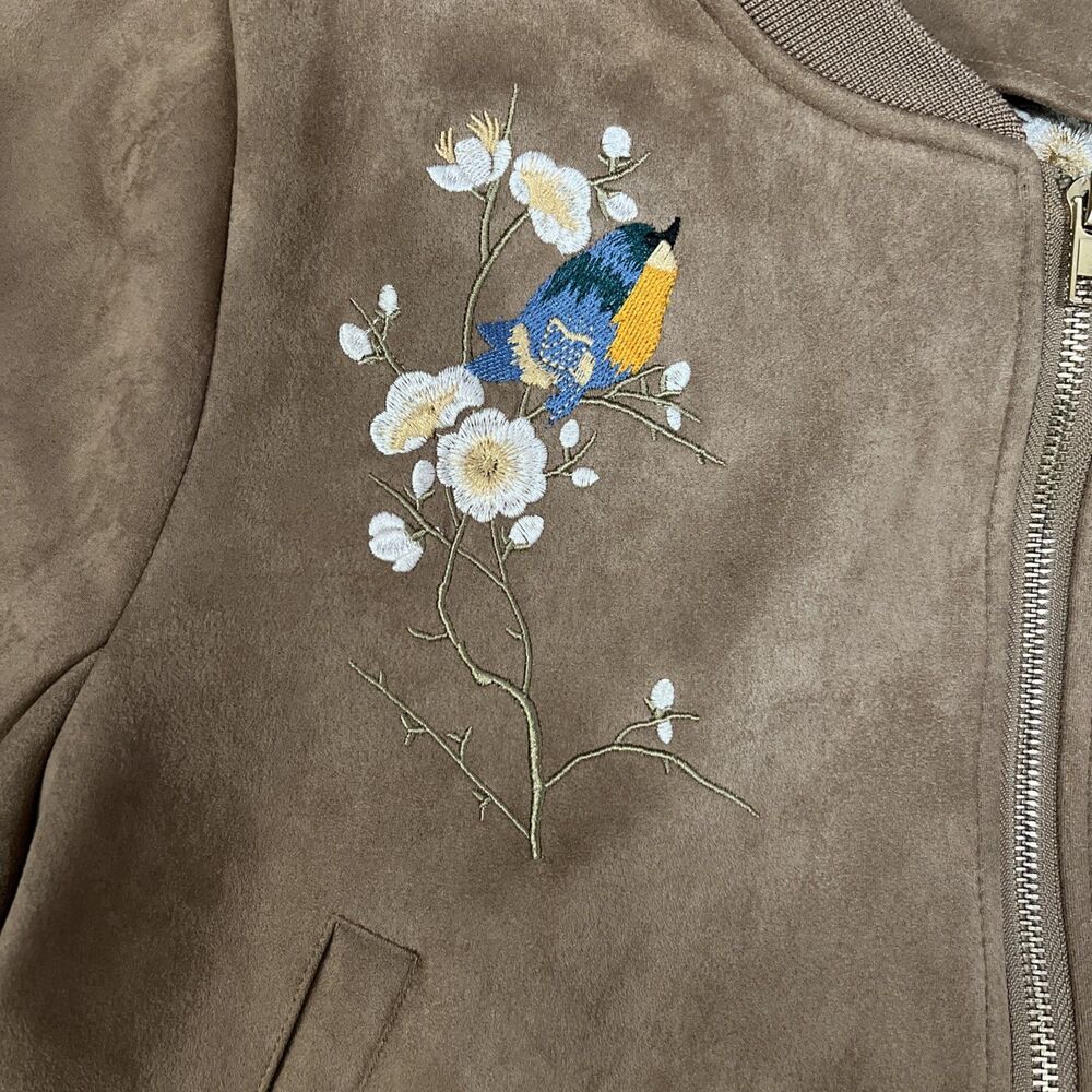 Boho Floral Birds Embroidered Jacket M Brown Bomber Zip Soft Full Zip
